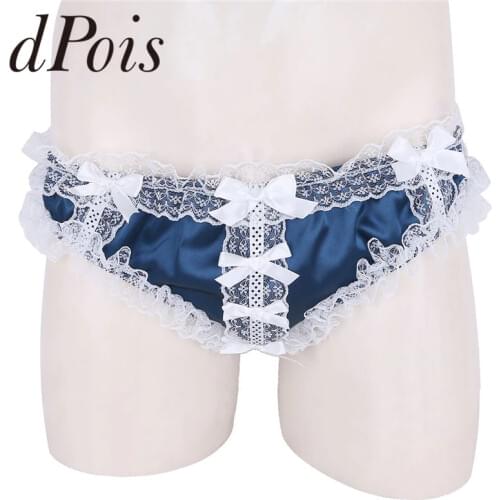 Men Thong Underwear Mens Low Rise Soft Shiny Ruffled Floral Lace Satin Lingerie Stretchy Bikini Briefs