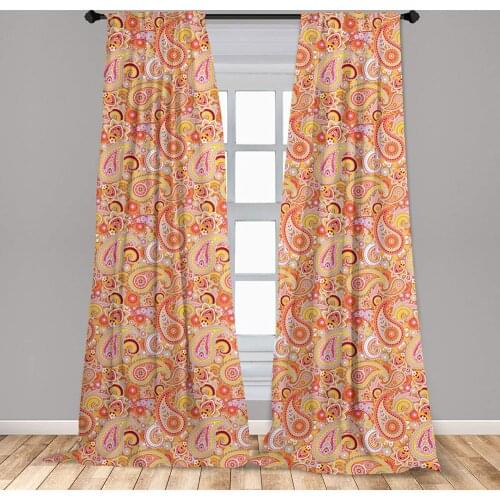 Orange Curtain Design Elements Traditional Paisley Floral Pattern Swirls Leaves Motif Window Treatment Living Room Bedroom