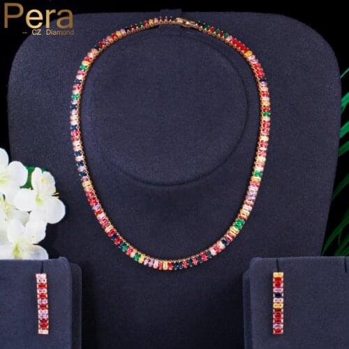 Pera Gorgeous Colorful African CZ Gold Color Baguette Shape Chocker Necklace Earrings Costume Party Jewelry Sets for Ladies J425