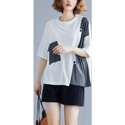 Plus Size Striped Patchwork T Shirt Short Sleeve Cotton Tshirt Summer Women Loose Casual T-Shirt Ladies Tee Tops Femme 2020