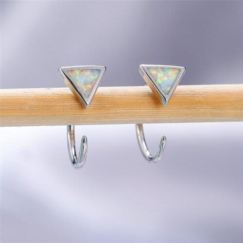 Simple Female White Opal Stone Earrings Classic Triangle Small Hoop Earrings Cute Bridal Silver Color Wedding Earrings For Women