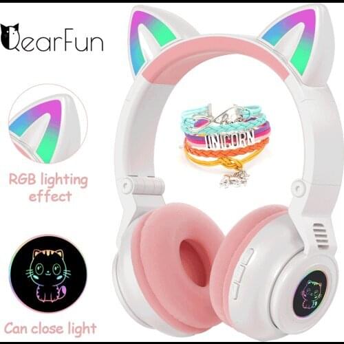 Cute Cat Wireless Headphones With Mic, Pink Girls LED Phone Gamer Bluetooth Headsets Kids Gaming Music Childrens Earphones Gift