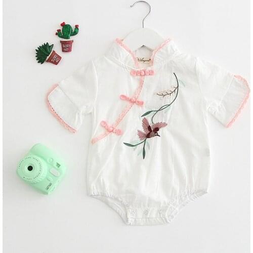 Pink/Green cheongsam design lace romper baby girls short sleeve jumpsuit for newborn kids overalls children onesie bodysuit