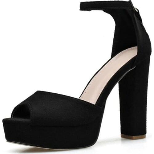 Sandalias Womens Sandals Ladies Pumps Fashion Peep Toe Flock 11.5CM Thick High heels Buckle Strap women shoes size 35-42 black