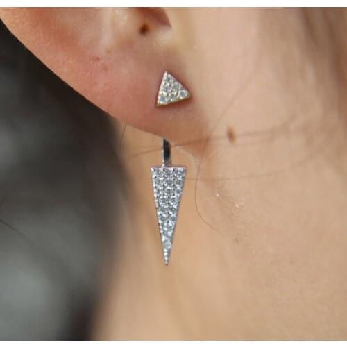 100% 925 sterling silver simple design pave clear cubic zirconia punk spike triangle studs delicate front back earring