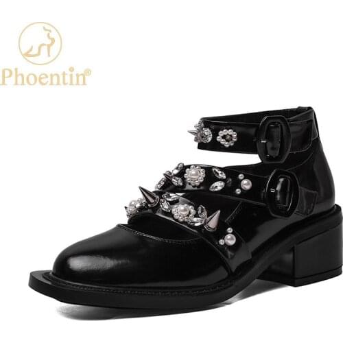 Phoentin Womens Lolita Pearl Rivet mary Jane Shoes2021 Autumn new Middle Heel Round Toe pumps Thick Heel Buckle Shoes FT1655