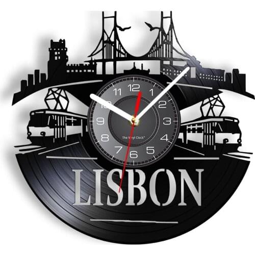 Lisbon Landscape Laser Etched Vinyl Wall Clock Capital Of Portugal Skyline Landmark Cityscape Vinyl Record Timepiece Wall Decor