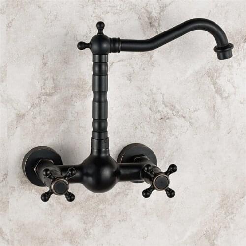 Swivel Spout Wall Mount Black Oil Rubbed Brass Kitchen Sink Faucet Two Cross Handles Mixer Tap atf008