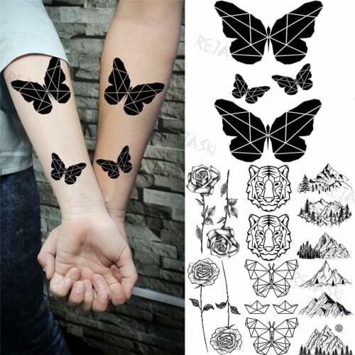 Realistic Geometric Butterfly Temporary Tattoos For Women Adult Rose Mountain Woods Tiger Fake Tattoo Waterproof Body Art Tatoos