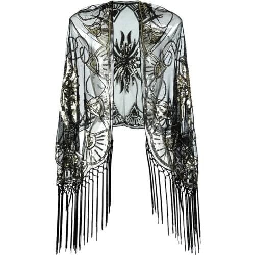 Womens Sequined Shirt Mesh Scarf 1920s Cape Fringed Evening Dress Shiny Shawl Shrug Wedding Party Scarf