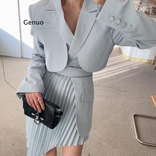 Summer Korean Casual Solid Two Piece Set Women Notched Long Sleeve Blazer Sexy High Waist Irregular Hem Skirt Female
