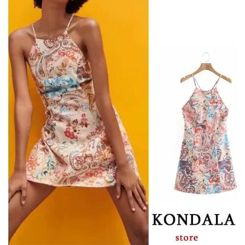 KONDALA Women Sexy Sling Dress Vintage Chic Floral Digital Print Mini Dress Za 2021 Sleeveless Summer Y2K Elegant Beach Dress