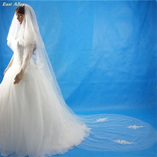 2 Layer Cathedral Length Lace Applique Bridal Veil Cut Edge Veil with Comb