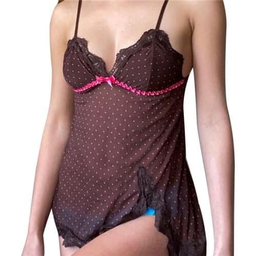 2021 Fashion Women Summer Tank Tops Wave Dot Spaghetti Straps V-Neck Lace Trim Vest Loose Camisole Lounge Wear with Side Slit