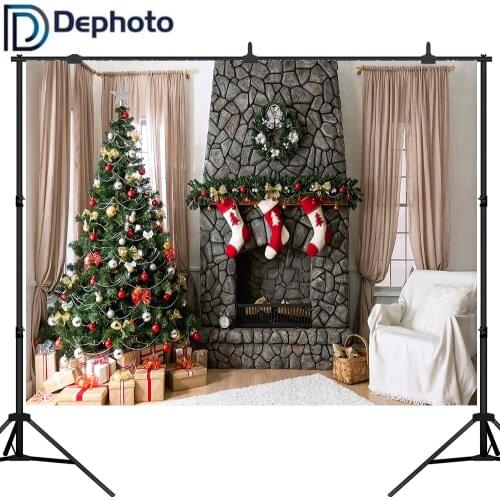 Dephoto Christmas Photography Backdrops Living Room Xmas Tree Fireplace Carpet Curtains Decorations Background Photo Studio Prop