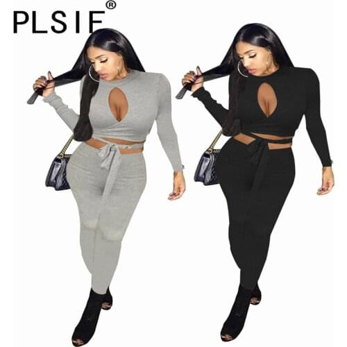 Two Pieces Clothes Set Long Sleeve Hollow Crop Top And Long Pant Suit Female Slim Tracksuits