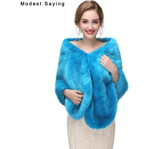 Elegant Blue Faux Fur Wedding Shawls 2017 Imitation Fox fur Bridal Wrap Warm Bolero for Evening Dress Winter Wedding Accessories