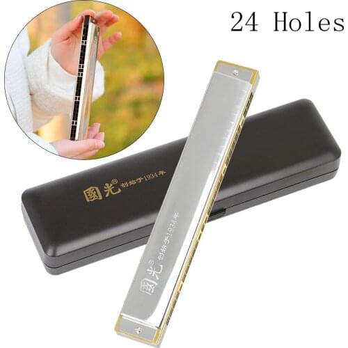 28 Holes Harmonica Key of C Wide Range Accent Silver Stainless Steel Musical Instruments with Case