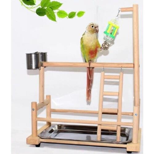 Parrot Playground Bird Solid Wood Stand With Feeder Cups Gym Stand Platform Bird Exercise Ladders Acrylic Bell Toy