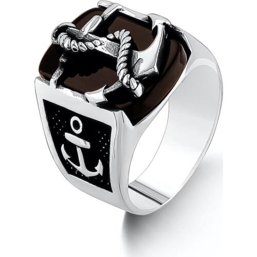 925 Sterling Silver Elegant Model Anchor Figure Sailor On Black Onyx Stone Men' Ring Exclusive for Men Special Ring