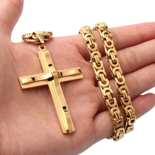 Fitness Punk Stainless Steel Charming Golden Christian Jesus Cross Pendant With 5mm Byzantine Chain Necklace Mens Boys Jewelry