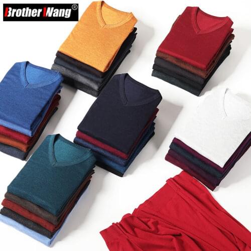 2021 Autumn New Mens V-neck Thin Wool Sweater Classic Style Solid Color Business Casual Pullover Male Brand Clothes