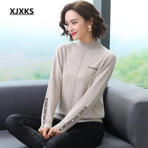 XJXKS New 2020 Autumn Cashmere Sweaters Women Fashion Sweater Loose 100% Wool Sweater Long Sleeve Turtleneck Plus Size Pullover