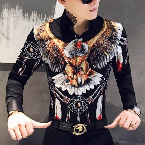 2021 New Casual Eagle Printing Shirt Fashion Mens Street Clothing Mens Social Shirt Autumn Mens Slim Long-Sleeved Dress Shirt