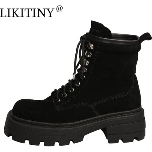 NEW LIKITINY 2021 Autumn Round toe Cross Tied Lace Up Gray Womens Shoes Fashion Genuine Leather Ankle Boots Matin Boots 40