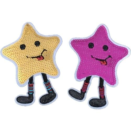 New Arrival Purple/Gold Funny Smiling Star Sequined Sew on Iron on Patch for Clothes DIY Decorative Embroidery Applique 2PCS/lot