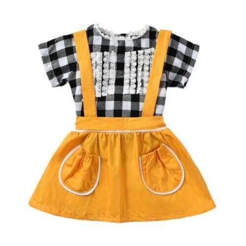 Toddler Girl Clothes Newborn Kids Baby Girl Clothes Plaid Lace Tops T-Shit Skirt Overalls Outfits