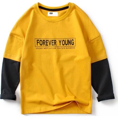 Autumn Loose Casual Boys T-Shirts Fake Two Pieces Long Sleeve Teenager Top Clothing Letter Printed Children Outwear 5-13T
