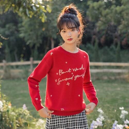 INMAN 2021 Spring New Arrival Red Pullover Star Jacquard Lining Falling Shoulder Comfortable Students Womens Sweater
