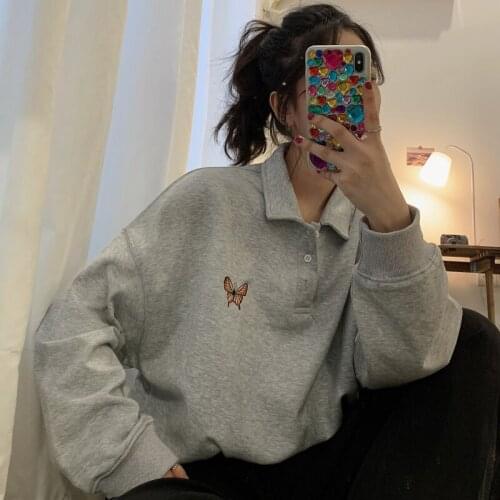 Butterfly Print Polo Shirts Turn Down Collar Long Sleeve Gray Sweatshirts 2021 Spring Autumn Loose Thin Shirt Women Tops
