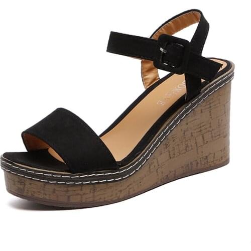 Summer Wedges Platform Sandals For Women Simple Solid Color Casual Woman Peep Toe Black Platform Shoes Non-Slip Buckle Sandals