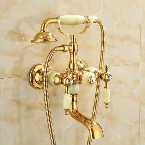 Shower Faucet Brass Polished Gold Bathtub Faucets Hand Rain Shower Head Tap Luxury Jade Telephone Wall Bath & Shower Faucet
