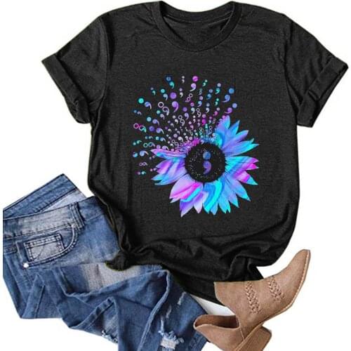 Women Tops Summer Short Sleeves T-Shirt Casual Letter Flower Printing O-Neck Loose T-Shirt Plus Size Female Basis Pullover Top