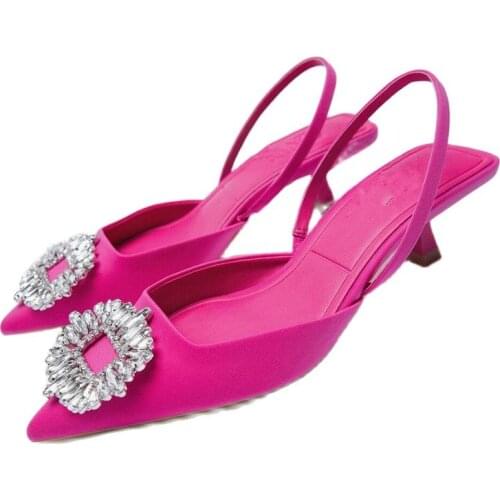 Womens Ahoes Summer New Style Rhinestone Buckle Red Pointed Toe Stiletto Sandals High-Heeled Muller Single Shoes Women