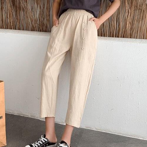 Women Casual Pants Loose Summer Solid Color Buttons Elastic waist Cropped Pant Slacks Trousers pantalones de mujer штаны женский