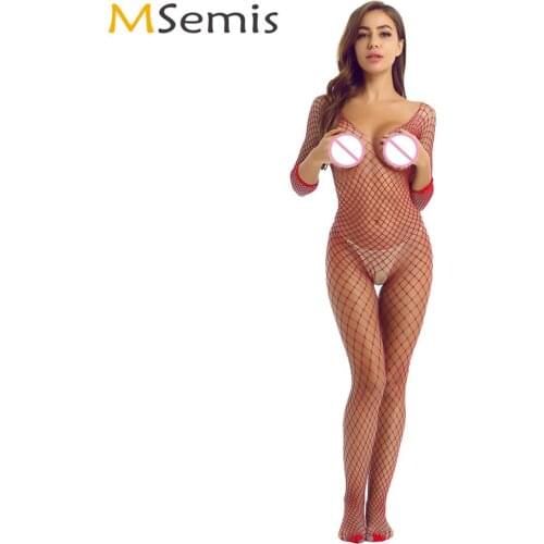 Women Porno Open Crotch Sheer Bodystocking Transparent Hollow Out Fishnet Bodysuit Long Sleeve Elastic Full Body Tight Pantyhose
