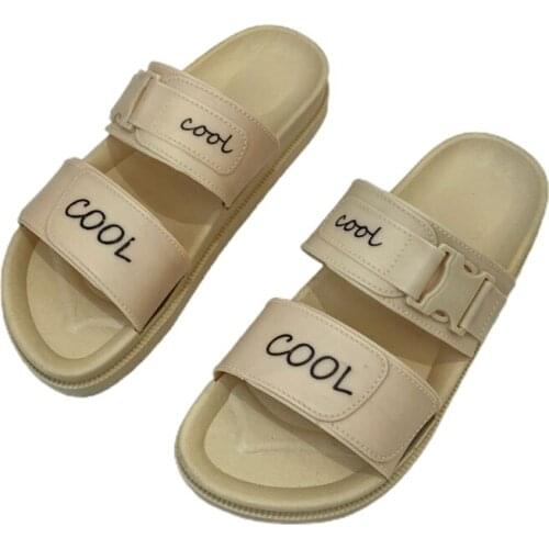 40GC Korean Style Women Summer Rubber Slippers Cool Letters Printed Open Toe Anti-Skid Flat Slide Shoes Double Strap Slip-On SPA