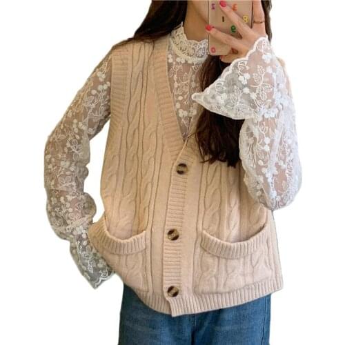 2021 New Womens Korean Sweater Vest Twist V-neck Knitted Vests Jacket Pocket Spring Autumn Short Sweaters Vests Cardigan Trend