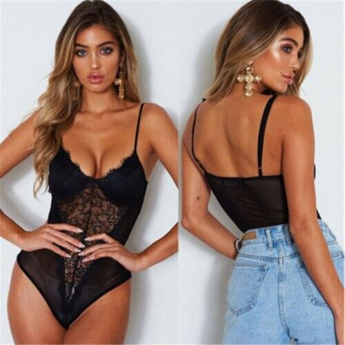 Women Sexy Lingerie Ladies Lace Up Bodysuit Front Plunge Erotic Sex See-through Costume Sleeveless V-Neck Bodycon