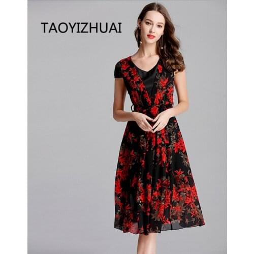 TAOYIZHUAI Big Size V-Neck Half Sleeves Hight Street Style Fashion Knee Length Loose Party Office Chiffon Lady Dress 11614