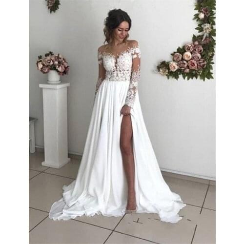 2021 Long Sleeves A-line Split Lace Slit Wedding Dress Chiffon Dubai Arabic Simple Boho Long Vestido De Noiva Bridal Dresses