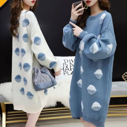 Invierno Sweater Women Lazy Print Stitching Autumn Winter Loose Lantern Sleeves Mid-length Knitted Sweater Dress Female New Z527