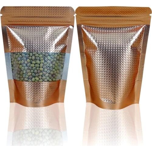 100Pcs/Lot 9 sizes Gold Stand Up Embossed Coffee Storage Valve Pack Bag Aluminum Foil With Clear Window Zipper Top Packing Bag