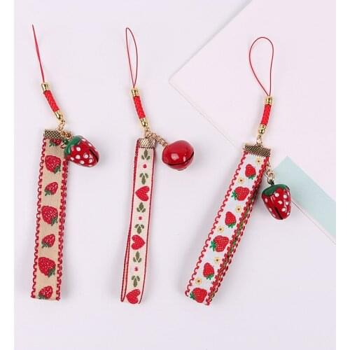 18pcs Kawaii Strawberry Bell Lanyards Phone Straps for Mobile Phone Accessories Harajuku Wristband for Airpod Pendant Diy Girl