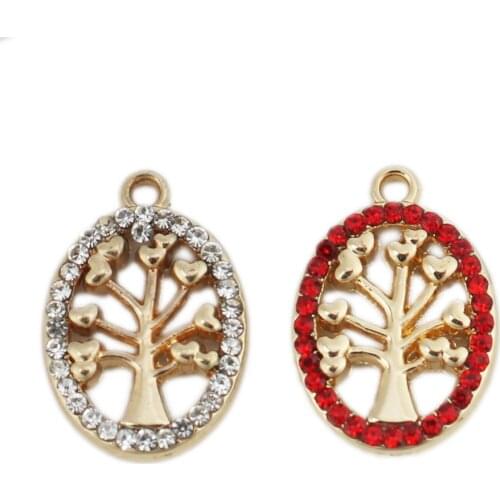 Zinc Based Alloy Charms Oval Tree Pendants Gold Color With Micro Pave Rhinestone19mm x 13mm For DIY Earring Jewelry Making,5 PCs