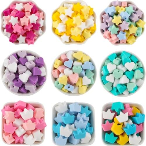 Kovict 50pc Star/Heart/Crown Silicone Beads Food Grade Teether DIY Pacifier Chain Necklace Accessories Chewable Nursing Baby Toy